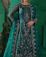 Maryams Teal Organza Suit- Pakistani Designer Chiffon Suit