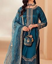 Mohagni Teal Blue Raw Silk Suit- Pakistani Chiffon Dress