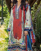 Mushq Off White/Crimson Raw Silk Suit- Pakistani Designer Chiffon Suit