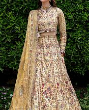 Ramsha Golden Raw Silk Suit- Pakistani Designer Chiffon Suit