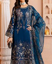 Ramsha Denim Blue Silk Suit- Pakistani Designer Chiffon Suit