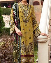 Ramsha Satin Sheen Gold Lawn Suit- Pakistani Designer Lawn Suits