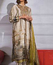 Sobia Nazir Ivory/Olive Silk Suit- Pakistani Chiffon Dress