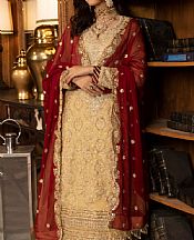 Vs Textile Sand Gold/Red Chiffon Suit- Pakistani Designer Chiffon Suit