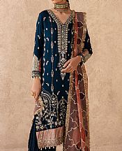 Zarposh Teal Blue Net Suit- Pakistani Designer Chiffon Suit
