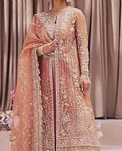 Zarposh Peach Organza Suit- Pakistani Designer Chiffon Suit